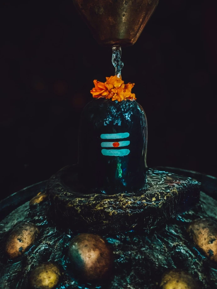 Water pouring over a black stone Shiva lingam adorned with orange marigold flowers